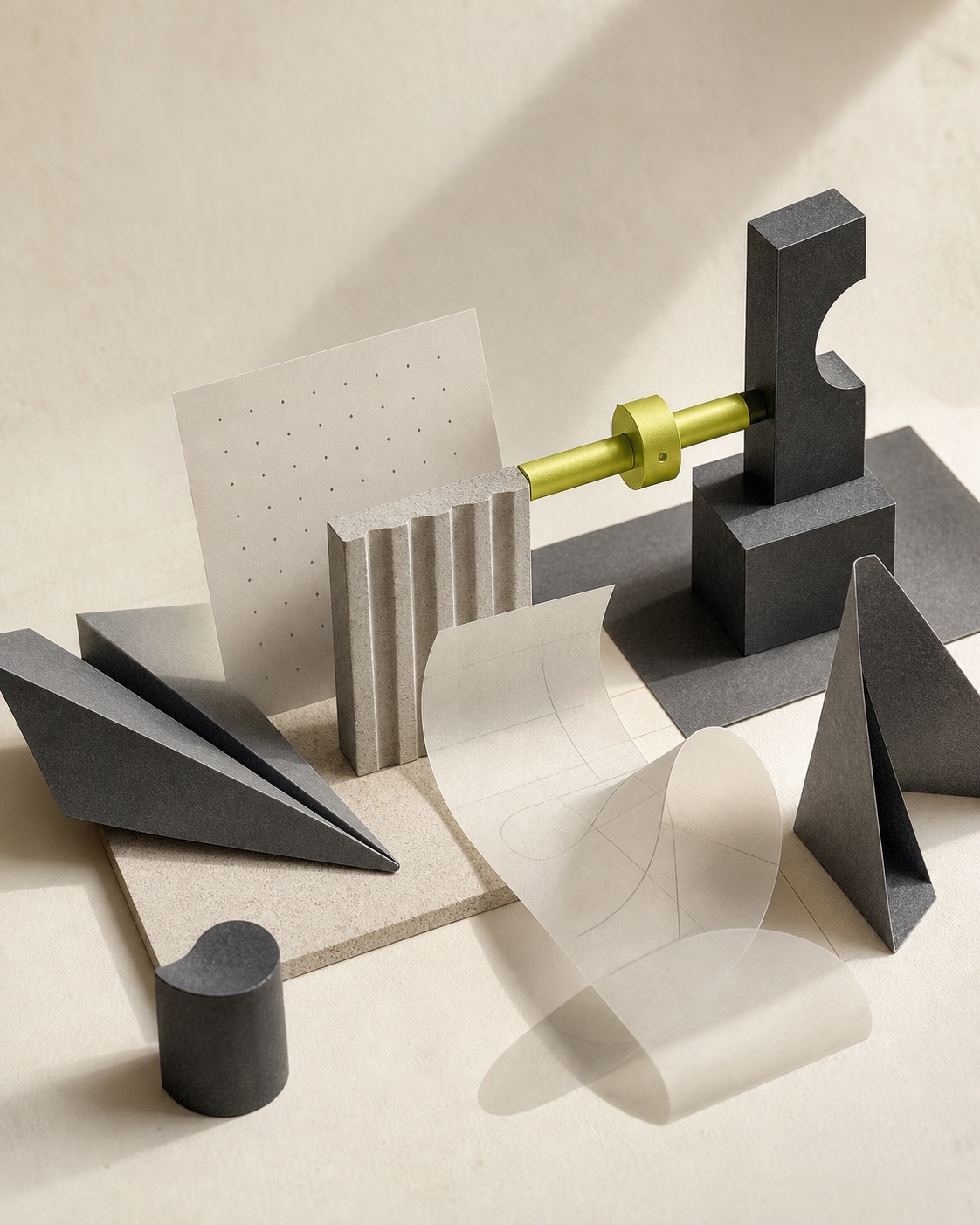 Abstract still life of connected materials representing careful problem solving